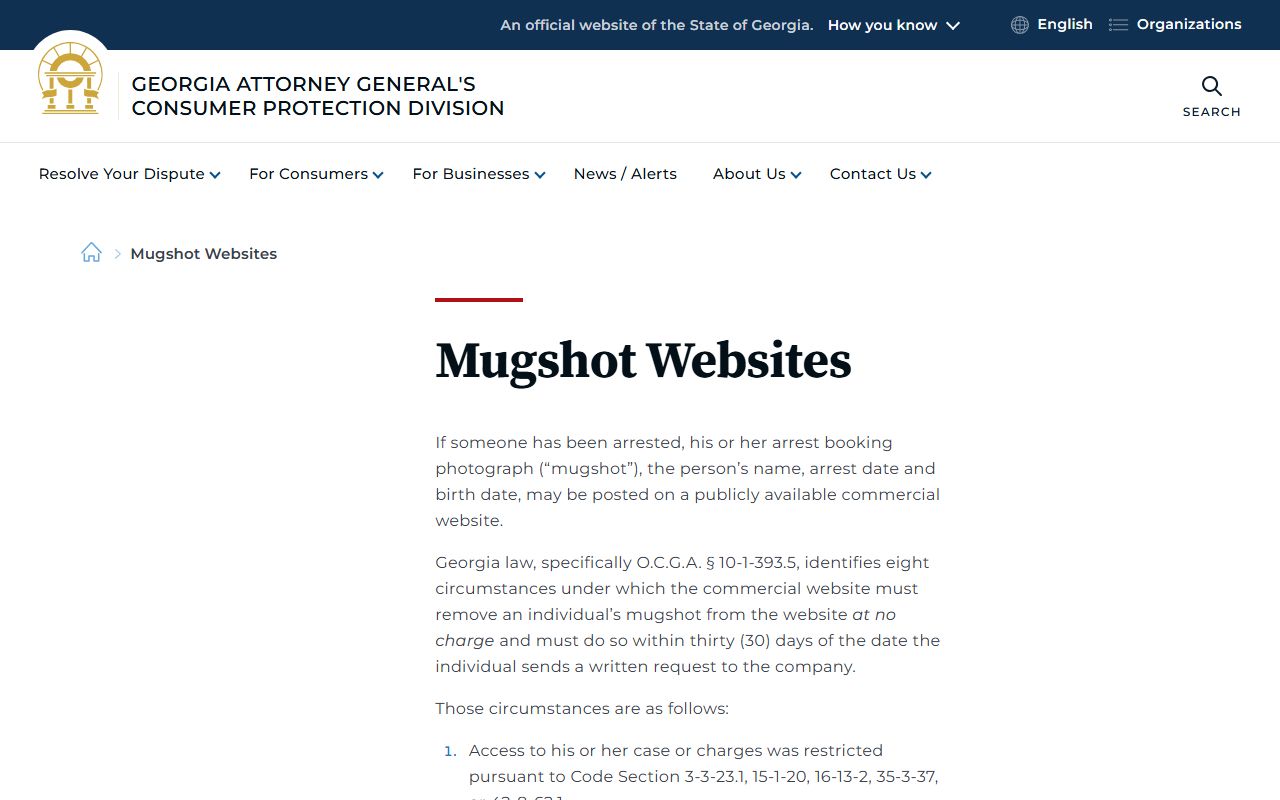 Georgia Consumer Protection mugshot website guidance for Gordon County booking photo removal
