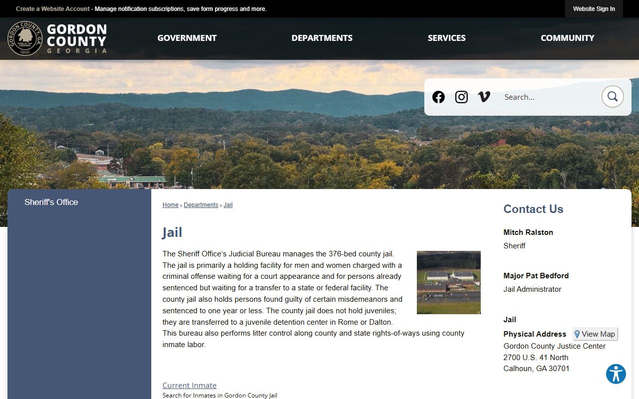 Gordon County Jail facility page with inmate lookup and jail contact details