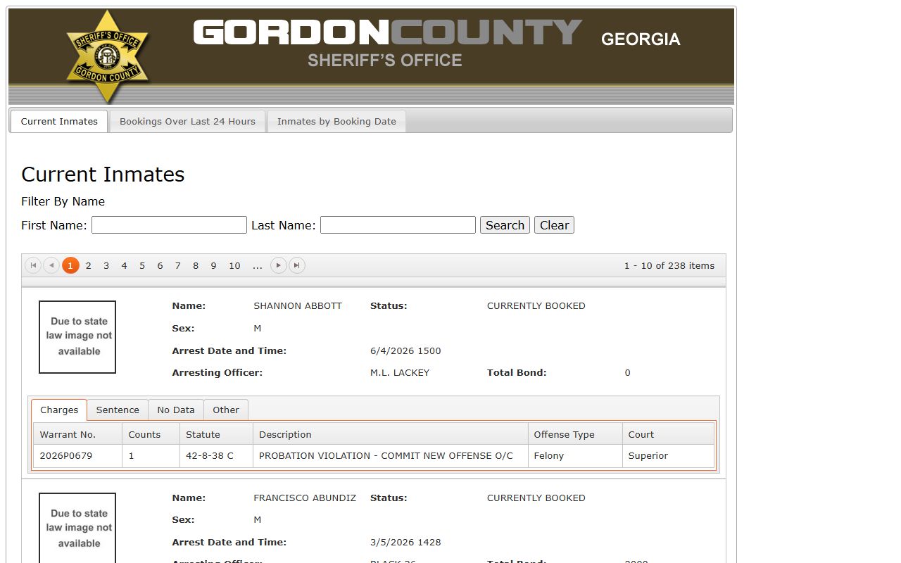 Gordon County jail roster inmate search tabs